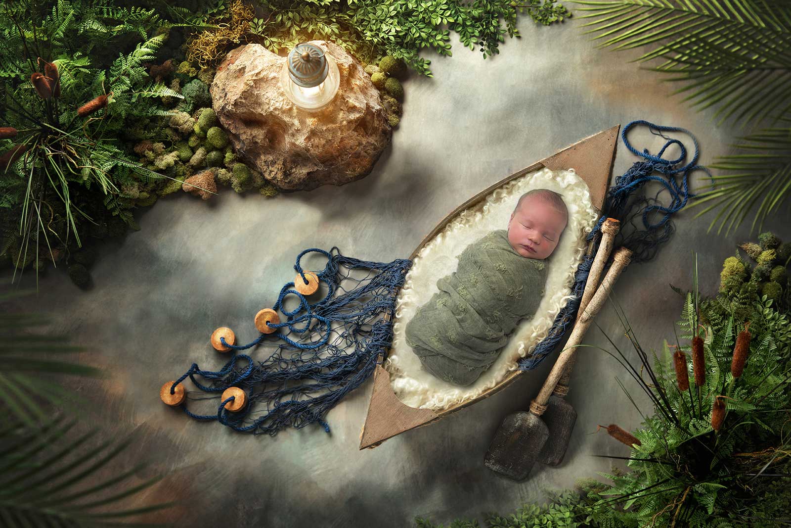 Newborn baby wrapped in green blanket, sleeping in a wooden boat